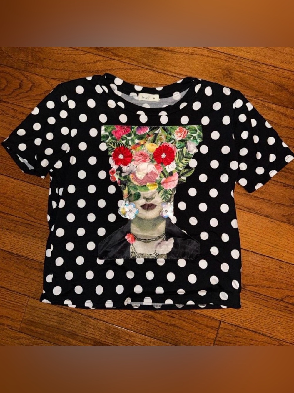 love J Black & White Polka Dot Tee with Floral Portrait